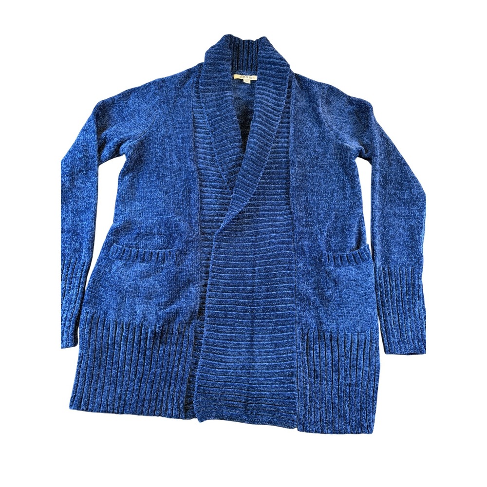 Orvis Womens Blue Chenille Shawl Collar Open Front Cardigan Sweater XS